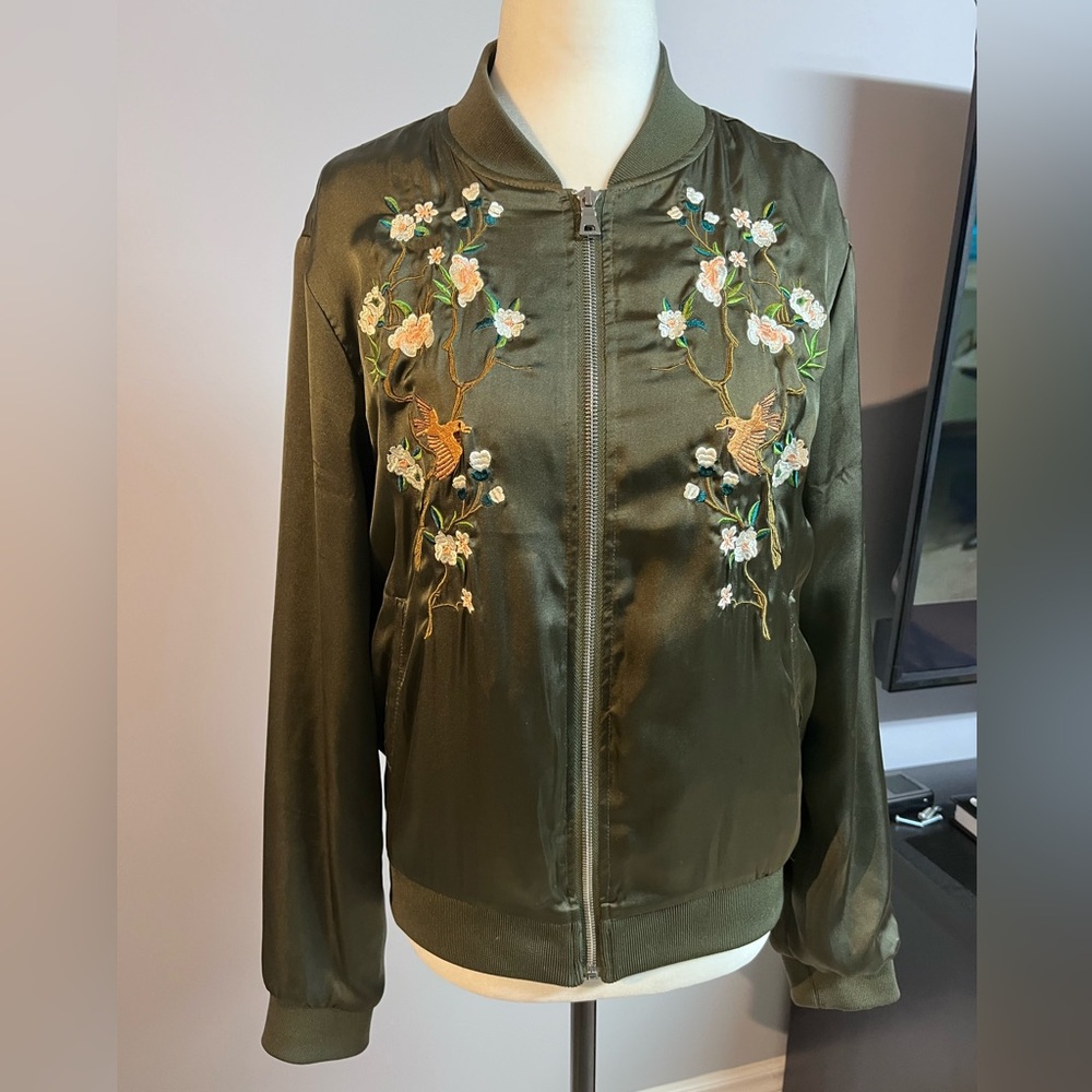 Embroidered Satin Bomber Jacket